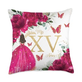 Fuchsia Hot Pink Floral Princess Quinceañera Mis XV Años Throw Pillow