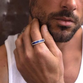 AGRULE Sapphire Rings for Women Blue Eternity Band Channel Set Moissanite Wedding Rings for Women Sterling Silver September Birthstone Ring Emerald Cute Engagement Ring for Men, Size 7