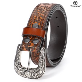 TRIWORKS Western Leather Belt for Women Men Cowgirl Cowboy Floral Engraved Tooled Leather Belt with for Jeans