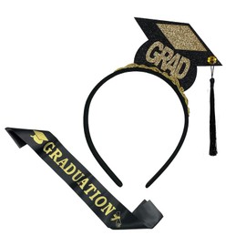 Losuya Black Gold Grad Cap Headband and Graduated Sash Bachelor Cap Headband Sash for Graduation Party Dress up Favors