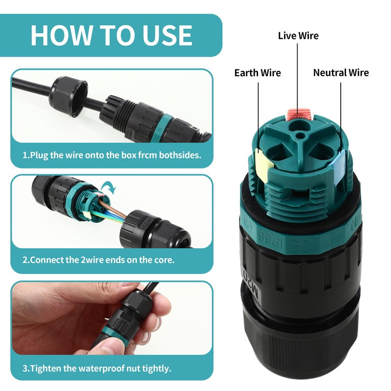 Pack of 4 Cable Connectors Waterproof IP68 for Diameter 5-12
