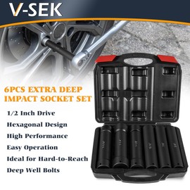 V-SEK 6.75 Inch Long Extended Length Impact Socket Set 1/2 Inch Drive Extra Deep Sockets Heavy Duty Steel With Hex Sizes 3/4" 7/8" 15/16" 1-1/16" 1-1/8" 1-1/4" for High Torque Use 6PCS