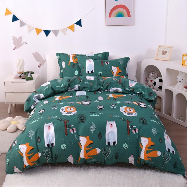 JSD Green Forest Animal Kids Duvet Cover Set Queen Size,