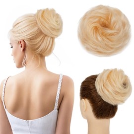 MY-LADY Messy Bun Hair Piece 100% Human Hair, Curly Hair Bun Messy Buns Hair Pieces for Women Hair Buns with Elastic Band Tousled Updo Ponytail Extension Bleach Blonde