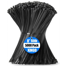 XINGO 5000 PCS Black Zip Ties 8 Inch, 60 LBS Tensile Strength, Self-Locking Nylon Plastic Nylon PA66 Wire Ties for Indoor and Outdoor Use