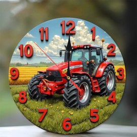 Lancholy Red Tractor Clock Farm Wall Decor Gift 10-Inch Wooden Wall Clock, Silent Movement, Battery Operated (AA Batteries Not Included), Artistic Home Decor, Perfect for Home Accents