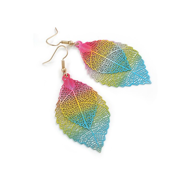 Multicoloured Double Leaf Drop Earrings/Lightweight - 70mm Long