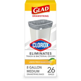 Glad Medium Trash Bags, 8 Gallon, Lemon Fresh Bleach Garbage Bags, Resists Bacterial Odors with Drawstring, 26 Count