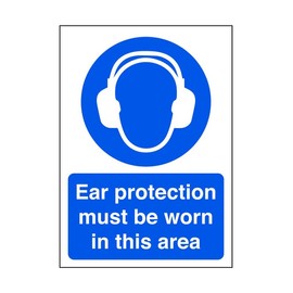 Ear protection must be worn in this area - safety sign, ppe clothing, ppe - 1.2mm Rigid plastic for indoor/outdoor usage (200mm x 150mm) Viewing Distance within 5m.