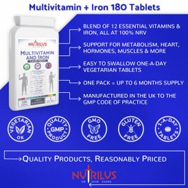 Multivitamin with Iron 180 Daily Tablets - High Strength Supplement - Vitamins A B C D E & Iron - Immune, Energy, Nervous System