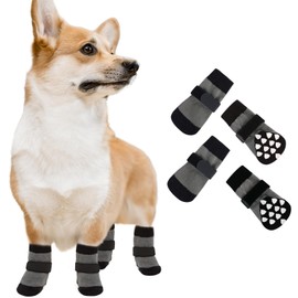 CITÉTOILE 4 Pairs Non-Slip Dog Socks, Dog Socks Paw Protection for Indoors, Non-Slip Dog Socks for Hardwood Floors, Dog Shoes for Small Medium Large Dogs, Black, L
