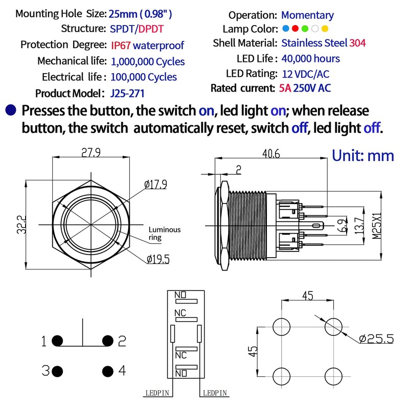 25mm Momentary Big Push Button Switch Stainless Steel 304 with