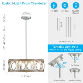 XINGQI 21.7" Drum Chandelier, Farmhouse Dining Room Light Fixture, Wood Grain Brushed Nickel Kitchen Lighting 5 Light with Round Metal Shade Vintage Hanging Light for Living Room Bedroom