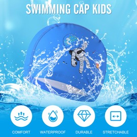 3 Pcs Kids Swimming Cap Set for Boys, Large Baby Waterproof Polyester Cartoon Swim Caps with Drawstring Backpack for Children, teenager and Boys Aged 2-12 (Dolphin+Astronaut)