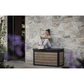 Keter Ashwood 100 Gallon Resin Deck Box Organization and Storage for Patio Furniture Outdoor Cushions, Throw Pillows, Garden Tools and Pool Toys, Brown