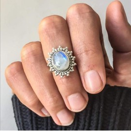 Lzz Antique Jewelry Rainbow Moonstone Ring Wedding Ring Women's Fashion 925 Silver Moonstone Goosestone Ring Size 6-11 (US 7)