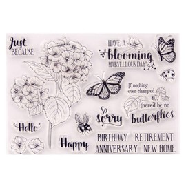 arriettycraft Hydrangea Flowers Happy Birthday Clear Stamps for Card Making and Journaling, Butterfly Greeting Words Rubber Silicone Stamps for Journals Scrapbooking Album Decoration