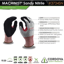 Cordova 3734SN Cut-Resistant Gloves, Sandy Nitrile Coating for Grip, Touchscreen Fingertips, Food Grade, ANSI Cut Level A5, Abrasion and Puncture Resistant, Thumb Crotch, Small, Black