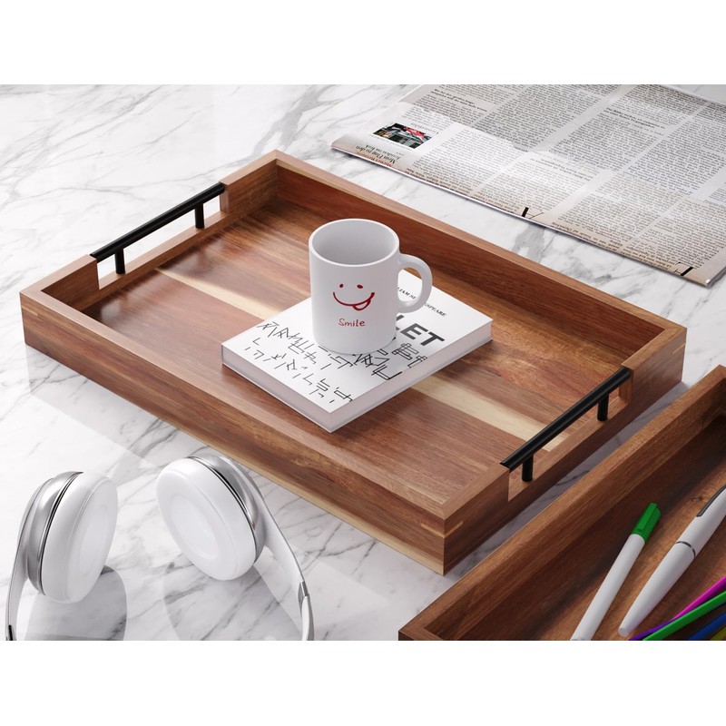 Fibogollo Acacia Wood Set of 2 Serving Tray with Metal