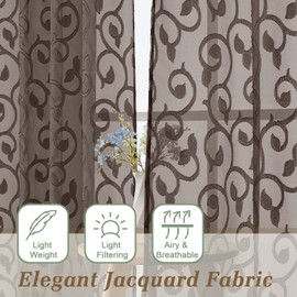 WelvetBLK Chocolate Sheer Curtains 84 Inches Long 2 Panels Set for Bedroom Living Room, Soft Solid Airy Elegant Geometric Jacquard Clip Light Filtering Curtains Drapes, 2Pcs Total Wide 84" Inch