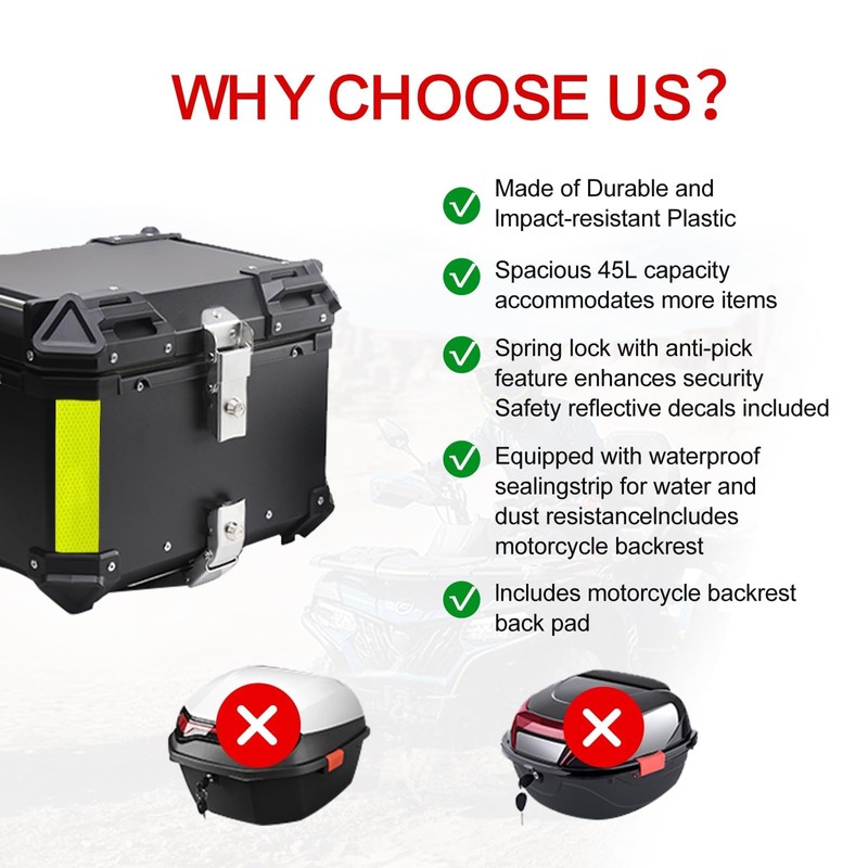 TINGPAI Motorcycle Top Case Set，Including Tail Box、Base Bracket、Backrest、Bag，Waterproof Aluminum Handle