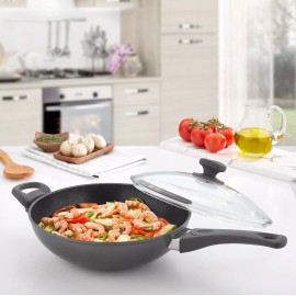 Saflon Titanium Nonstick 11 Inch Wok Pan with Tempered Glass Lid PFOA Free