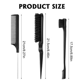 Dacitiery 3 Pcs Slick Brush Set Hair Teasing Brush Set Edge Hair Brush Bristle Hair Brush Edge Control Brush Grooming Combs Rat Tail Comb Double Sided Edge Brush for Women Babies Kids Hair (Black)