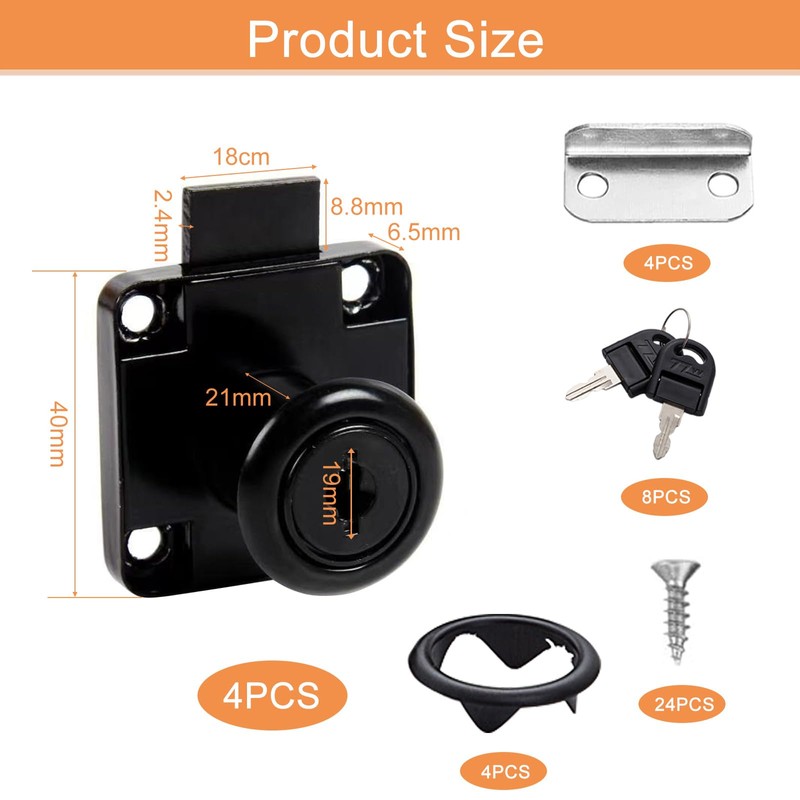 4 Sets Cam Lock 22mm, Cabinet Locks with Keys, Black