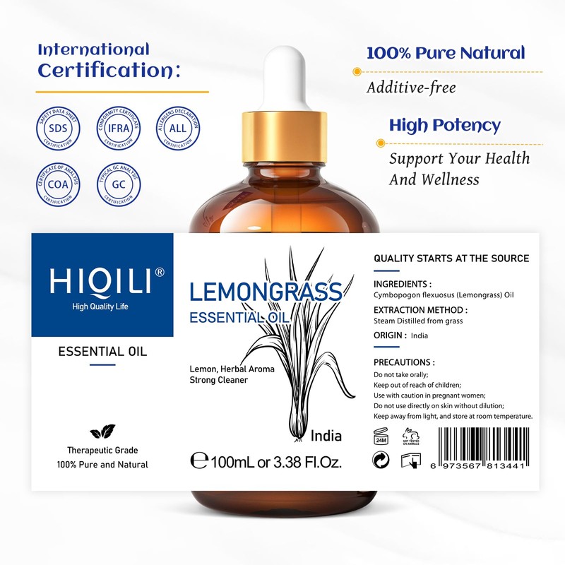 HIQILI 100ML Lemongrass Essential Oil, 100% Pure Natural Undiluted Premium