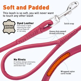 Dogline Soft and Padded Rolled Round Leather Leash for Dogs W3/8" - L72, Hot Pink