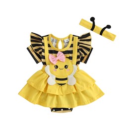 ZZLBUF Baby Girl Clothes Newborn Romper Dress Infant Cute Bee Short Sleeve Summer Outfits with Headband 0-18 Months (Yellow, 6-9 Months)