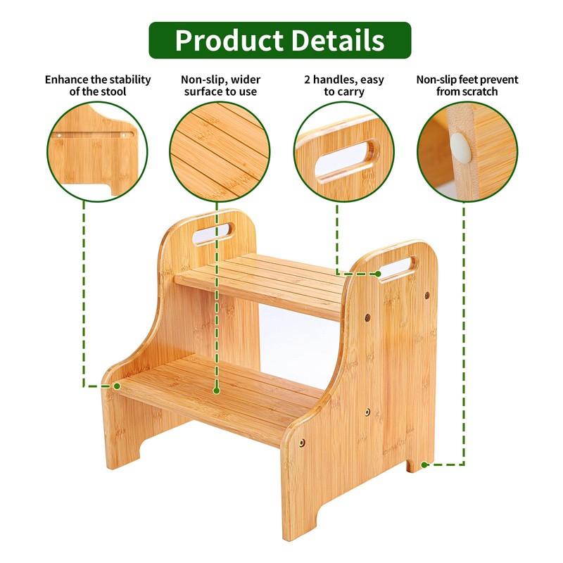 VaeFae Bamboo 2 Step Stool with Non-Slip Step Treads and