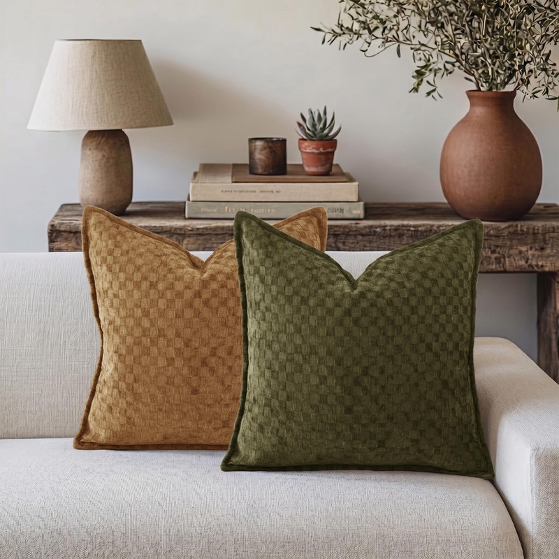 Chenille Plaid Throw Pillow Covers 18x18 Inch, Set of 2