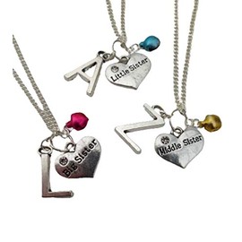 Silver Plated Necklace Big Middle Little Sister Love Heart Gem Charm Initial Letter