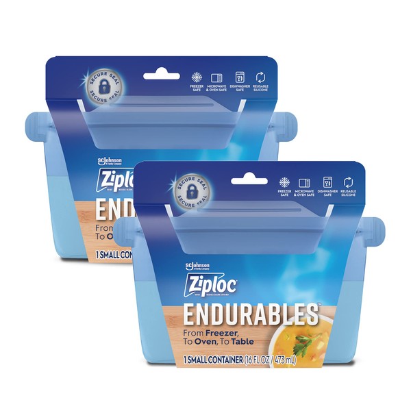 Ziploc Endurables Small Container, 2 Cups, Reusable Silicone Bags and Food Storage Meal Prep Containers for Freezer, Oven, and Microwave, Dishwasher Safe, 2 Pack