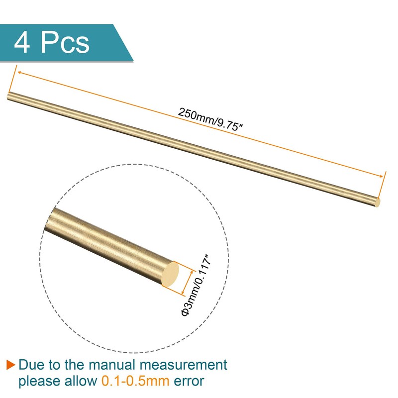 TOP-VIGOR 4pcs 3mm x 250mm Solid Round Brass Rod, Metal