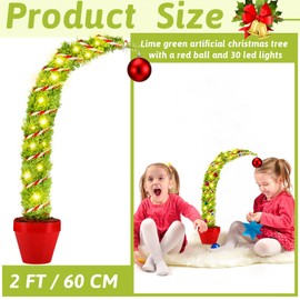 VioraWhite 2 FT Whimsical Christmas Tree Artificial Lime Green Bendable with Red Ball and 30 LED Lights for Indoor Outdoor Holiday Party Office Home Tabletop Yard Street Decorations