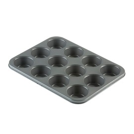 Prochef Prochef KB1003 Teflon Non-Stick Premium Coated 12 Cup Tray/Tin-Length 35cm x Width 27cm Carbon Steel for Muffins or Cupcakes-Silver, Black, 35 x 27 x 3cm