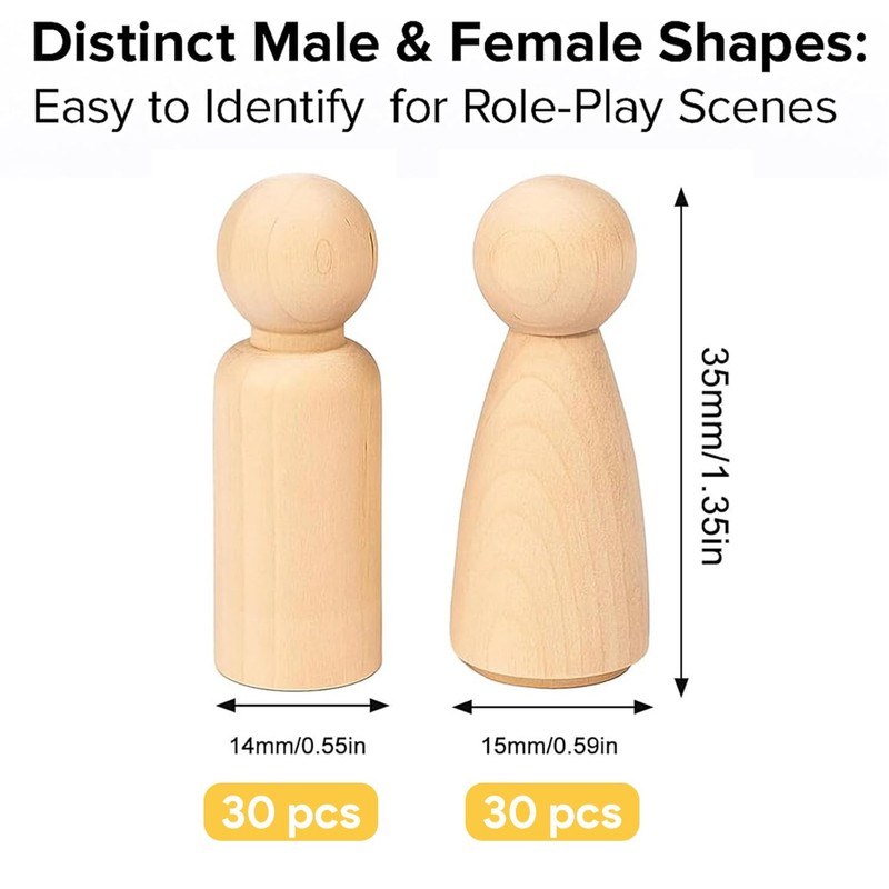 60Pcs Wooden Peg Dolls Set, 35mm Unfinished Wooden Figures