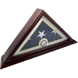 Coin and Coins 5x9 Burial/Funeral/Veteran Flag Elegant Display Case with Base, Solid Wood, Cherry Finish (Navy)