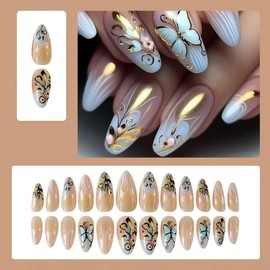 24Pcs Gold Press on Nails Short Almond Fake Nails with Glitter Flower Designs 3D Blue Butterfly False Stick on Nails Summer White Ombre Acrylic Glue on Nails for Women