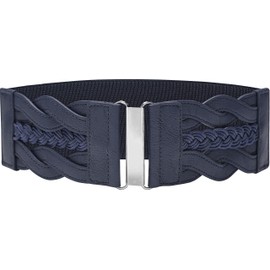 BlackButterfly 3 Inch Wide Waspie Elastic Vintage Braided Buckle Waist Belt (Midnight Blue, XL)