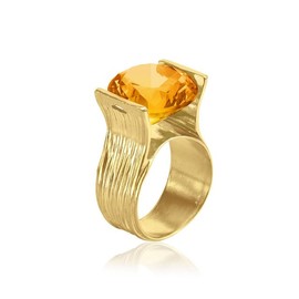 JEAN RACHEL JEWELRY 14K Gold Plated Sterling Silver Ring with 11.75 TCW Cubic Zirconia - Textured Band Vintage Design - Hypoallergenic, Lead & Nickel Free Jewelry Statement Rings for Women, Citrine