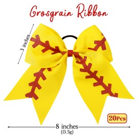 YLEN YHXX 20 PCS 8" Large Softball Cheer Hair Bows Cheerleading Bows with Ponytail Holder Elastic Band Handmade for Cheerleading Teen Girls College Sports （Softball Baseball Yellow）