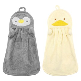 JinliangGuo 2Pcs Comfortable Animals Hand Towels Breathable Hanging Hand Towels Soft Coral Absorbent Washcloth for Kitchen and Bathroom (Yellow Gray)