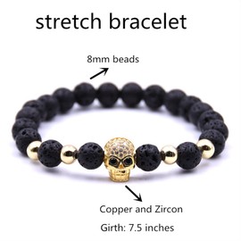 HYHONEY 4 Pcs Micro Pave Zircon Skull Charm Bracelets Black Lava Natural Stone Beads Bracelets for Men Women His and Hers Couple Bracelet Natural Stone Beads Elastic Adjustable