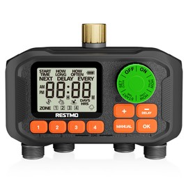 RESTMO 4 Zone Sprinkler Timer with Brass Inlet, Programmable Water Timer for Garden Hose, Automatic Control | Manual ON/Off | Rain Delay for Outdoor Faucet, Drip Irrigation and Lawn Watering System