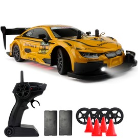 LUKYIIU 1:20 RC Drift Car 4WD 2.4GHz 28KM+/H High Speed Racing Sport Toy Car with LED Lights Infinitely Variable Speed Racing Wheels and Drift Wheels (Yellow)