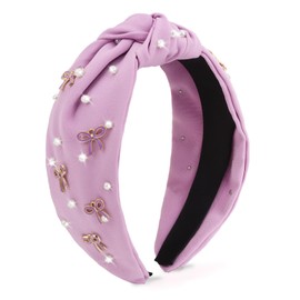Uintoon Purple Headband Bow Pearl Knotted Headbands for Women Girls Cute Fashion Wide Headbands for Women Non Slip Hairbands Head Bands for Women's Hair Bow Hair Accessories