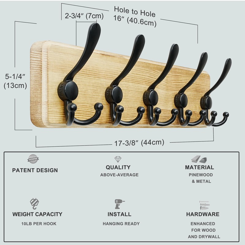 Dseap Coat Rack Wall Mounted - 5 Tri Hooks, Heavy